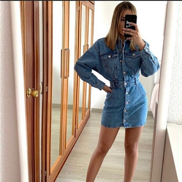 Zara Blue Denim Button-Front Mini Dress Jacket - Picture 3 of 8